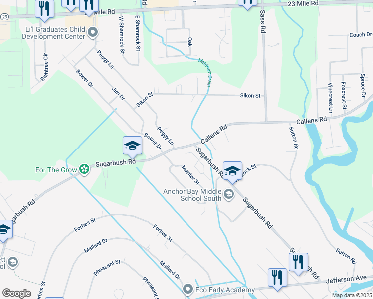 map of restaurants, bars, coffee shops, grocery stores, and more near 48472 Sugarbush Road in New Baltimore