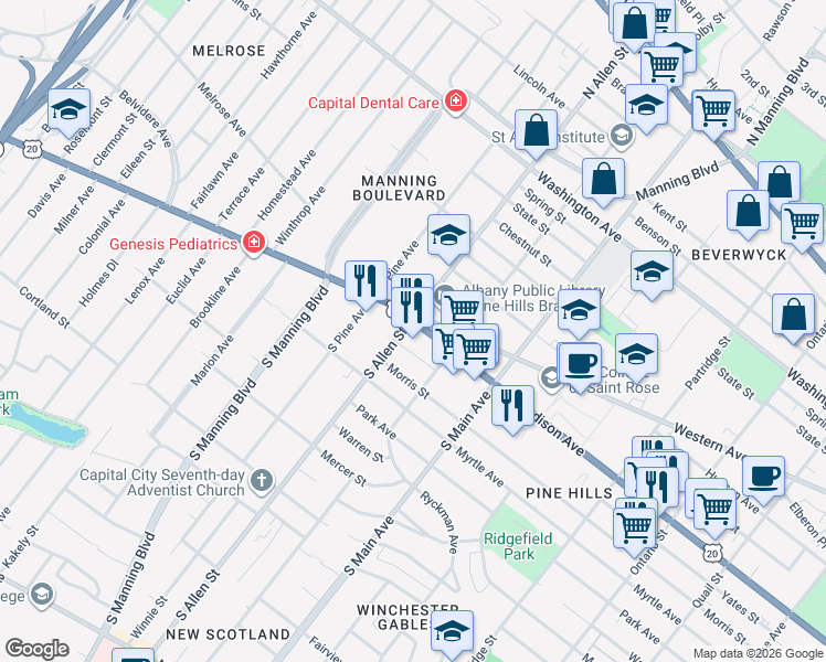 map of restaurants, bars, coffee shops, grocery stores, and more near 5 South Allen Street in Albany