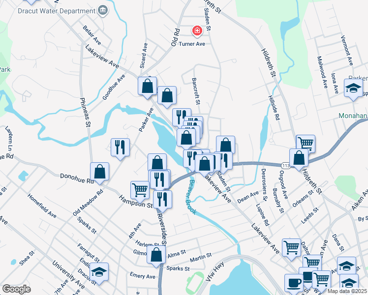 map of restaurants, bars, coffee shops, grocery stores, and more near 1168 Lakeview Avenue in Dracut