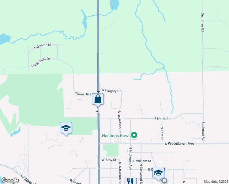 map of restaurants, bars, coffee shops, grocery stores, and more near 120 West Calgary Drive in Hastings