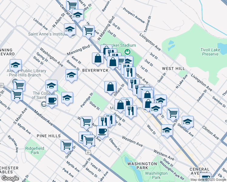 map of restaurants, bars, coffee shops, grocery stores, and more near 2 Kent Street in Albany