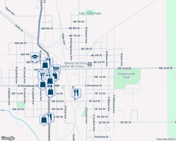 map of restaurants, bars, coffee shops, grocery stores, and more near 404 Northeast 2nd Street in Eagle Grove