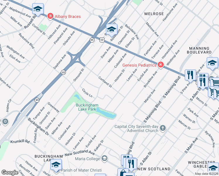 map of restaurants, bars, coffee shops, grocery stores, and more near 808 Cortland Street in Albany