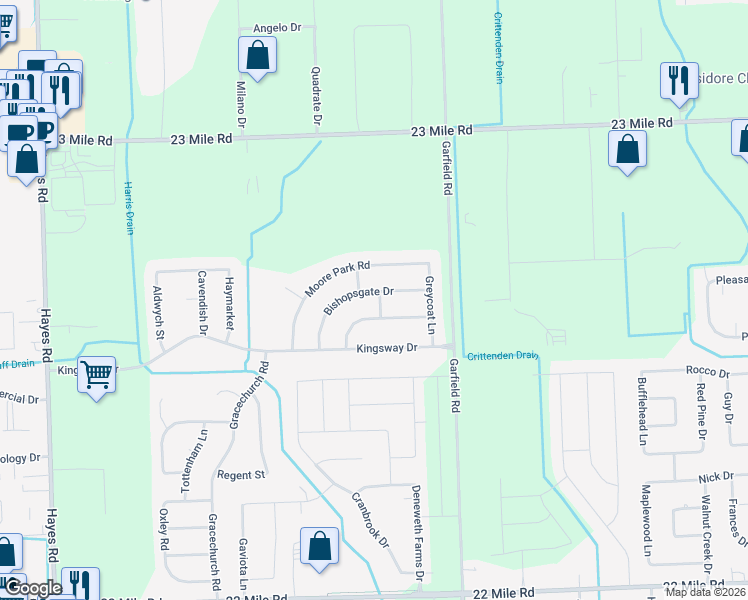 map of restaurants, bars, coffee shops, grocery stores, and more near 16322 Bishopsgate Drive in Macomb