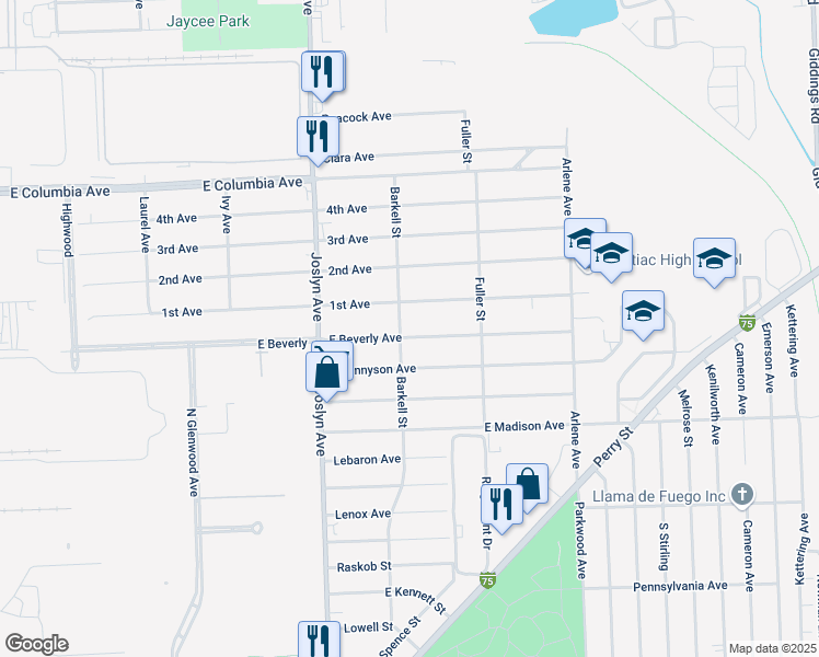 map of restaurants, bars, coffee shops, grocery stores, and more near 627 East Beverly Avenue in Pontiac