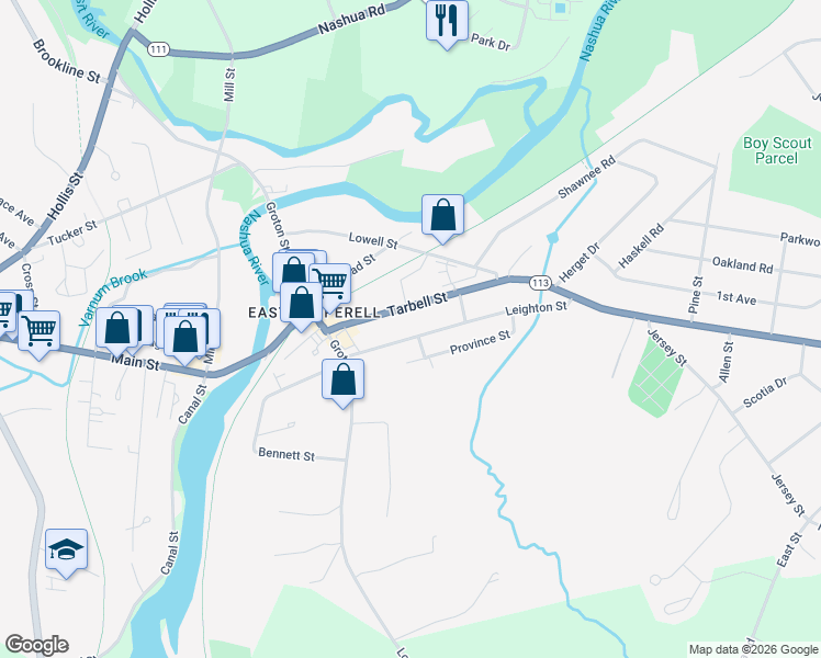 map of restaurants, bars, coffee shops, grocery stores, and more near 18 Leighton Street in Pepperell