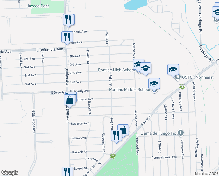 map of restaurants, bars, coffee shops, grocery stores, and more near 703 East Beverly Avenue in Pontiac