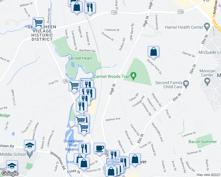 map of restaurants, bars, coffee shops, grocery stores, and more near 116 High Street in Andover