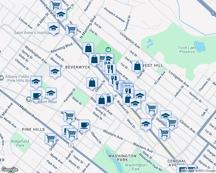 map of restaurants, bars, coffee shops, grocery stores, and more near 354 Central Avenue in Albany
