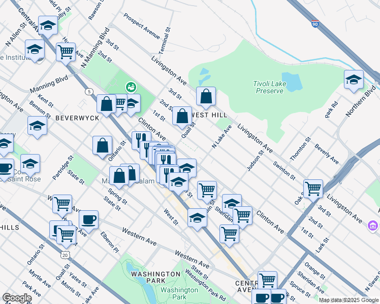 map of restaurants, bars, coffee shops, grocery stores, and more near 585 Clinton Avenue in Albany
