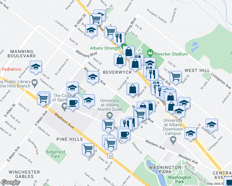 map of restaurants, bars, coffee shops, grocery stores, and more near Washington Avenue & Partridge Street in Albany