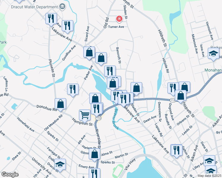 map of restaurants, bars, coffee shops, grocery stores, and more near 1168 Lakeview Avenue in Dracut