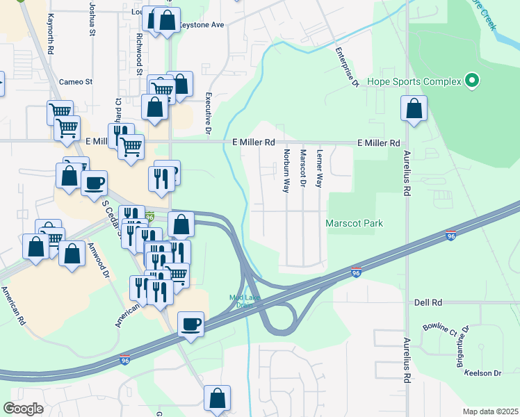 map of restaurants, bars, coffee shops, grocery stores, and more near 6256 Beechfield Drive in Lansing