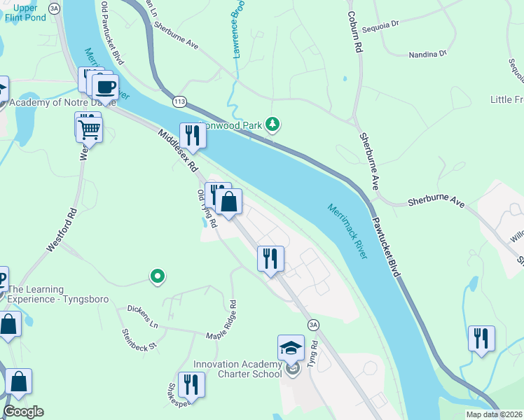 map of restaurants, bars, coffee shops, grocery stores, and more near 70 Riley Road in Tyngsborough