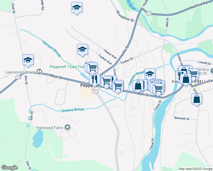 map of restaurants, bars, coffee shops, grocery stores, and more near 42 Main Street in Pepperell