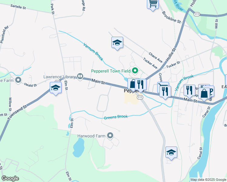 map of restaurants, bars, coffee shops, grocery stores, and more near 1 Independence Road in Pepperell
