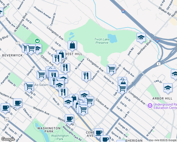 map of restaurants, bars, coffee shops, grocery stores, and more near 344 3rd Street in Albany