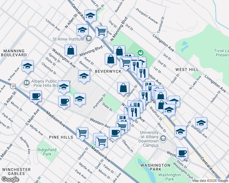 map of restaurants, bars, coffee shops, grocery stores, and more near in Albany