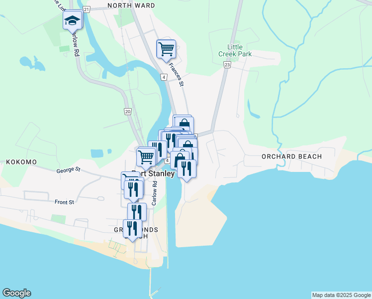 map of restaurants, bars, coffee shops, grocery stores, and more near 218 Joseph Street in Port Stanley