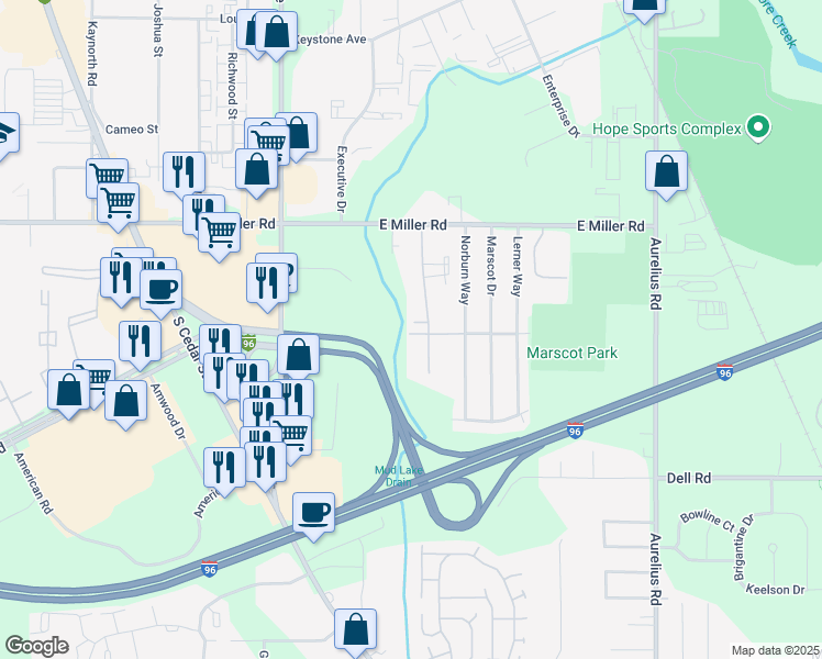 map of restaurants, bars, coffee shops, grocery stores, and more near 6256 Beechfield Drive in Lansing