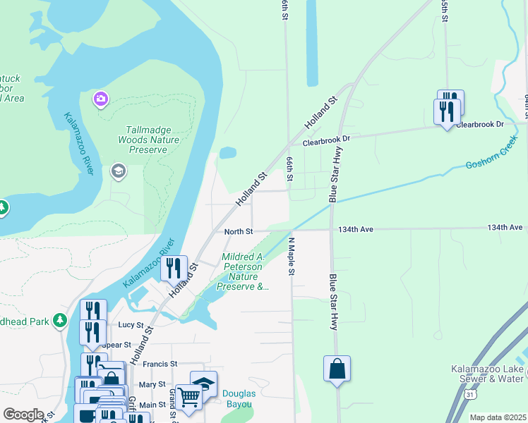 map of restaurants, bars, coffee shops, grocery stores, and more near 340 North Street in Saugatuck