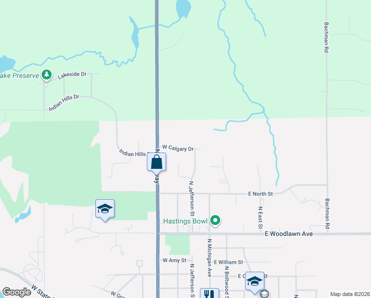 map of restaurants, bars, coffee shops, grocery stores, and more near 120 West Calgary Drive in Hastings