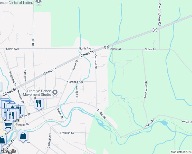 map of restaurants, bars, coffee shops, grocery stores, and more near Cornwell Street in Penn Yan