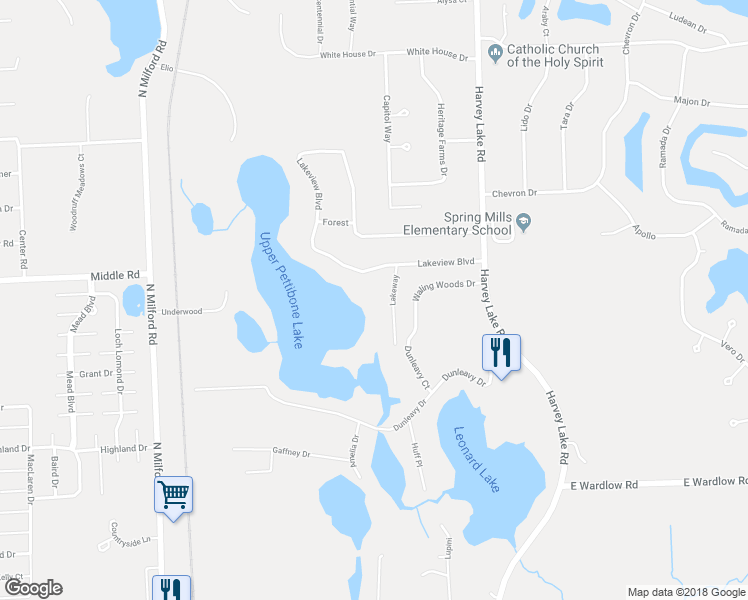 map of restaurants, bars, coffee shops, grocery stores, and more near 2915 Lakeway in Highland Charter Township