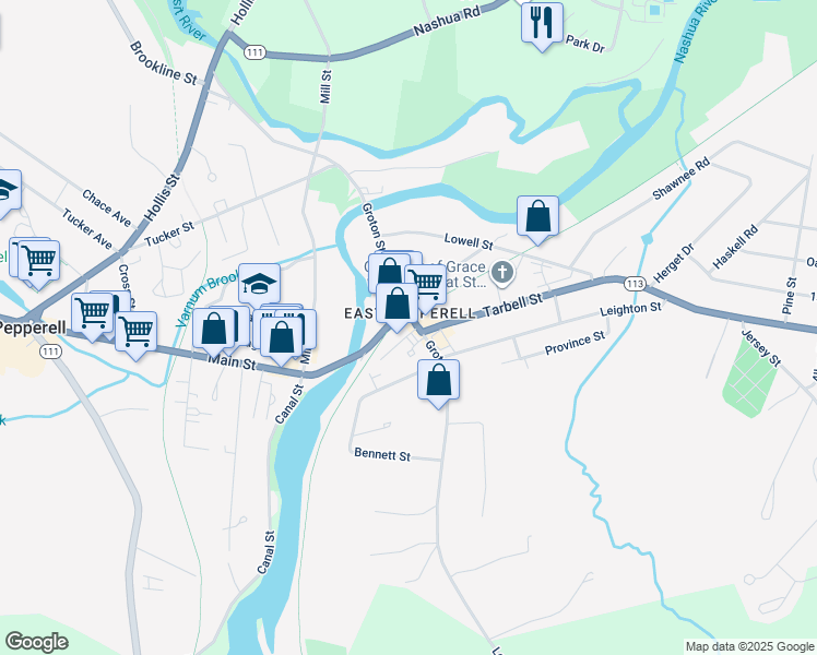 map of restaurants, bars, coffee shops, grocery stores, and more near 1 Hotel Place in Pepperell