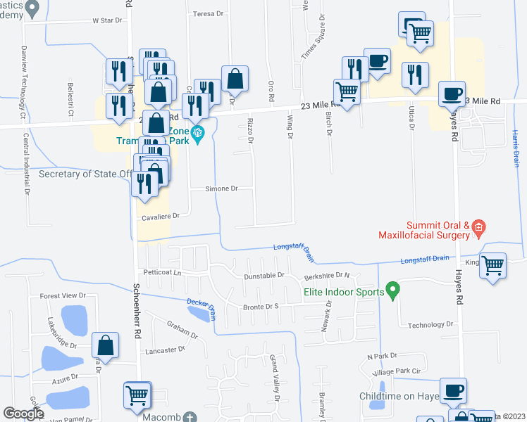 map of restaurants, bars, coffee shops, grocery stores, and more near 50350 Rizzo Drive in Macomb County