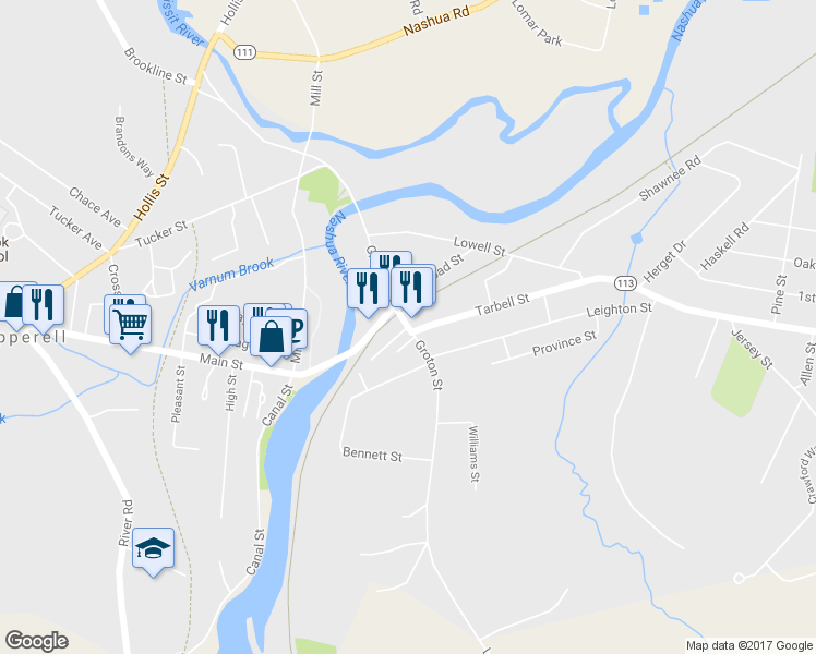map of restaurants, bars, coffee shops, grocery stores, and more near 61 Groton Street in Pepperell
