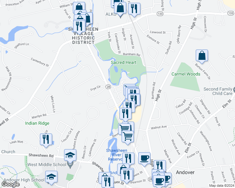 map of restaurants, bars, coffee shops, grocery stores, and more near 75 Washington Park Drive in Andover