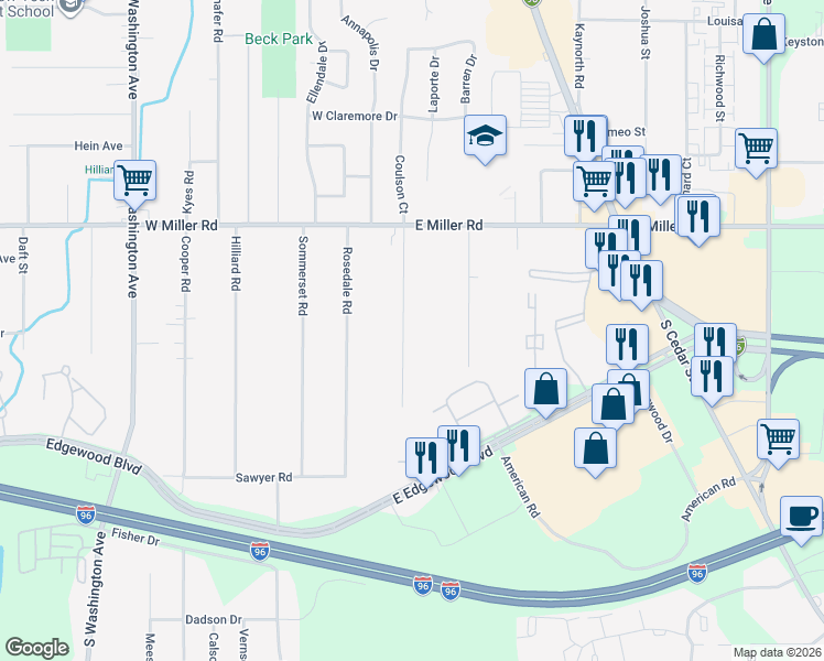 map of restaurants, bars, coffee shops, grocery stores, and more near 6265 Coulson Court in Lansing