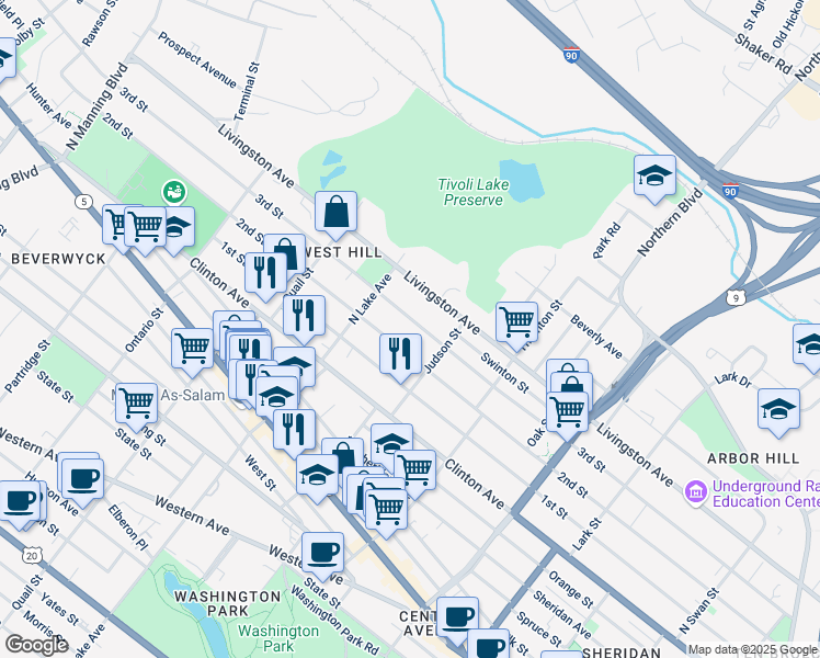 map of restaurants, bars, coffee shops, grocery stores, and more near 344 3rd Street in Albany