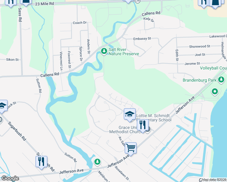 map of restaurants, bars, coffee shops, grocery stores, and more near 33529 Bayview Drive in New Baltimore