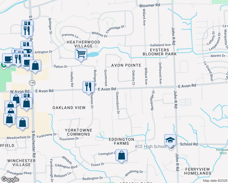 map of restaurants, bars, coffee shops, grocery stores, and more near 532 East Avon Road in Rochester Hills