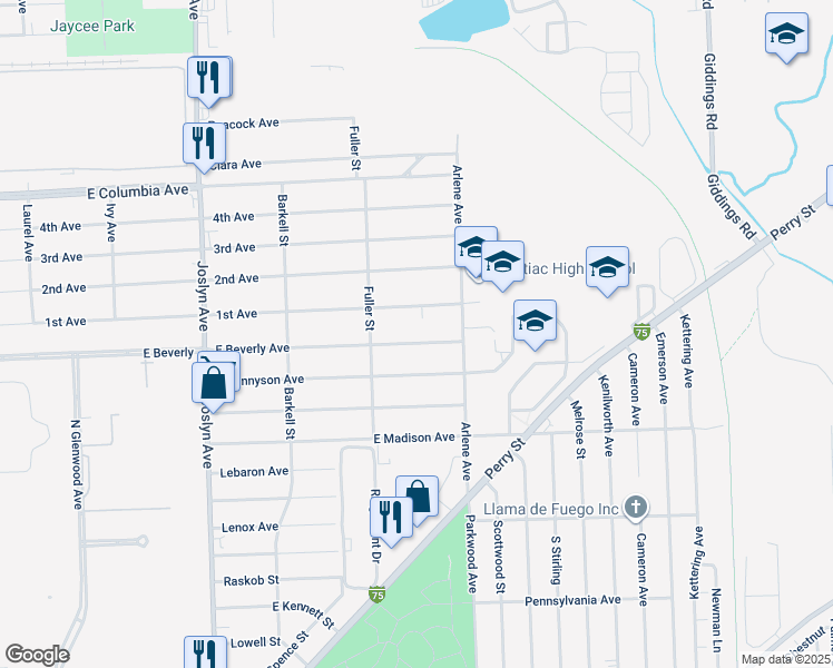 map of restaurants, bars, coffee shops, grocery stores, and more near 753 East Beverly Avenue in Pontiac