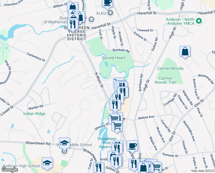 map of restaurants, bars, coffee shops, grocery stores, and more near Washington Park Drive in Andover