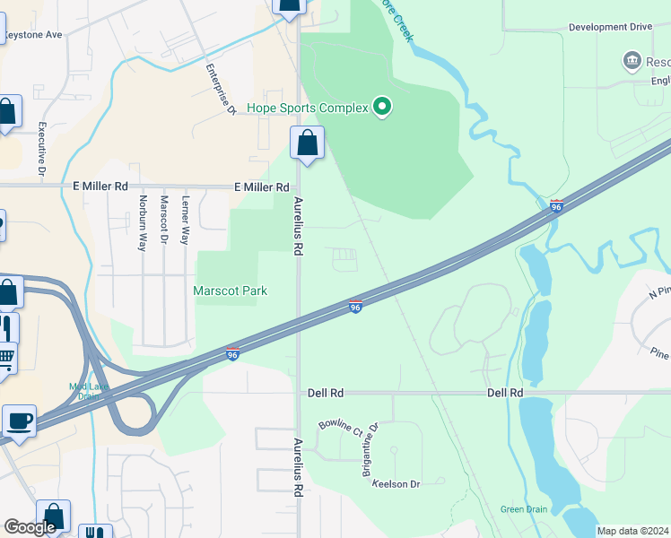 map of restaurants, bars, coffee shops, grocery stores, and more near 6267 Aurelius Road in Lansing