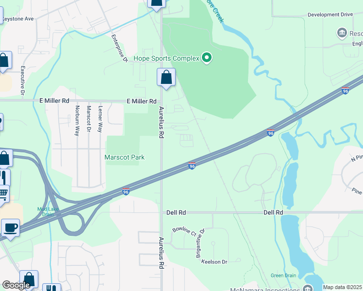 map of restaurants, bars, coffee shops, grocery stores, and more near 6267 Aurelius Road in Lansing