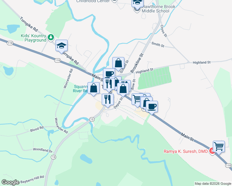 map of restaurants, bars, coffee shops, grocery stores, and more near 8 Elm Street in Townsend