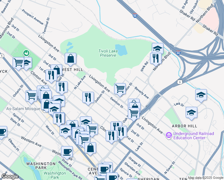 map of restaurants, bars, coffee shops, grocery stores, and more near 389 Livingston Avenue in Albany