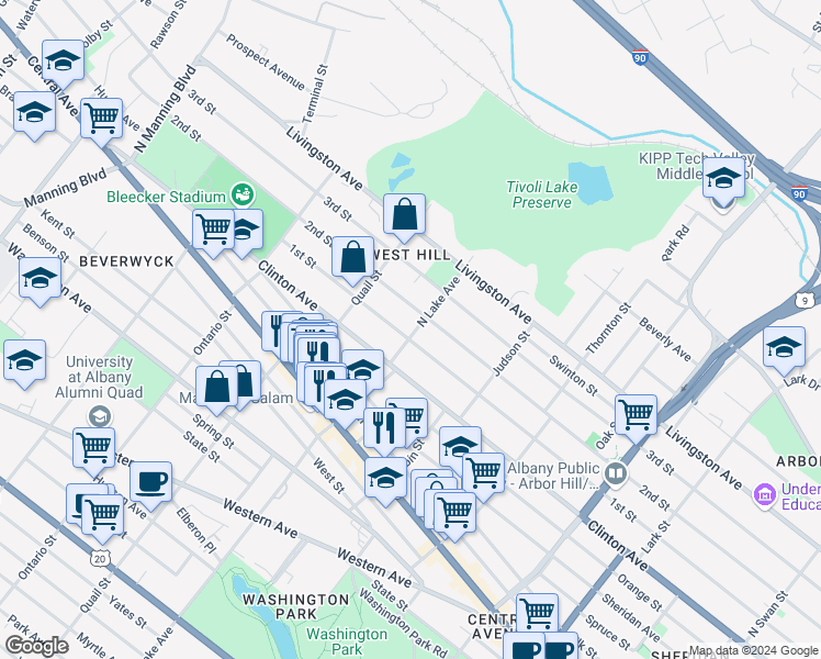 map of restaurants, bars, coffee shops, grocery stores, and more near 167 North Lake Avenue in Albany