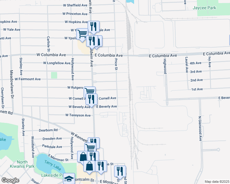map of restaurants, bars, coffee shops, grocery stores, and more near 93 East Cornell Avenue in Pontiac
