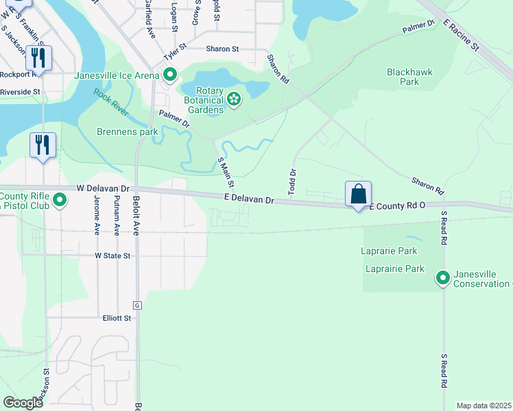 map of restaurants, bars, coffee shops, grocery stores, and more near 1520 East Delavan Drive in Janesville