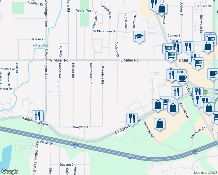 map of restaurants, bars, coffee shops, grocery stores, and more near in Lansing