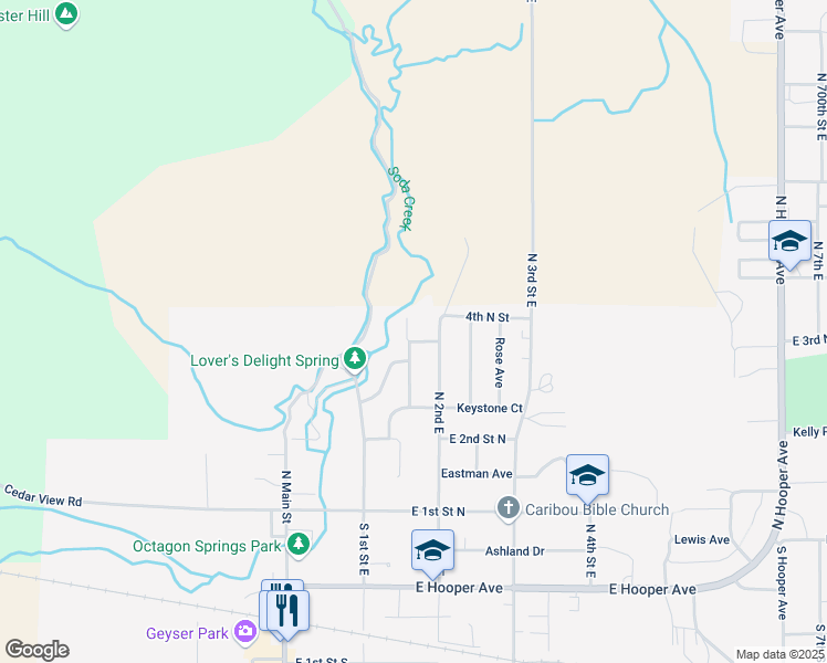 map of restaurants, bars, coffee shops, grocery stores, and more near 390 Monsanto Boulevard in Soda Springs