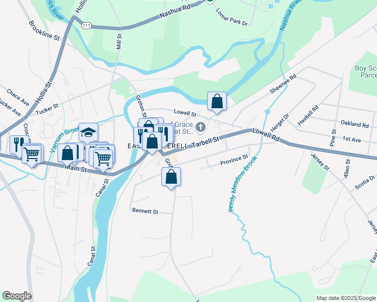 map of restaurants, bars, coffee shops, grocery stores, and more near 9 Tarbell Street in Pepperell
