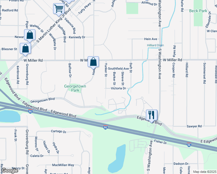 map of restaurants, bars, coffee shops, grocery stores, and more near 1216 Victoria Drive in Lansing