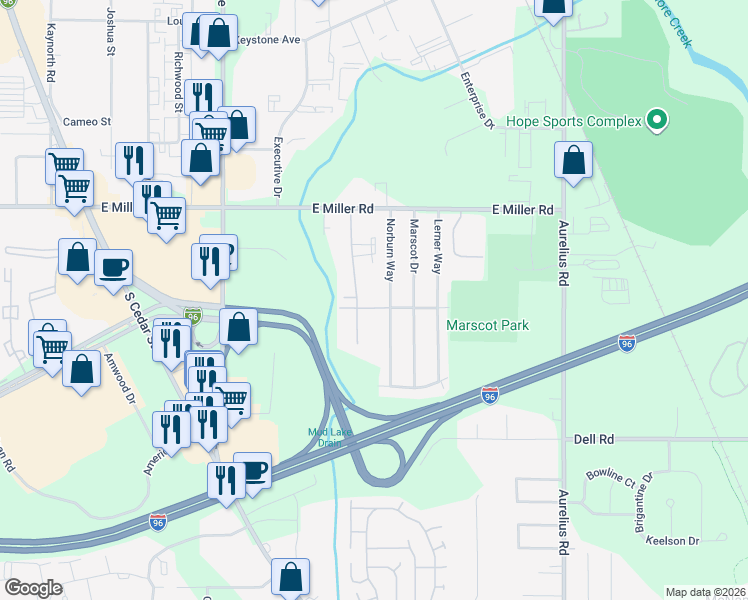 map of restaurants, bars, coffee shops, grocery stores, and more near 6257 Beechfield Drive in Lansing